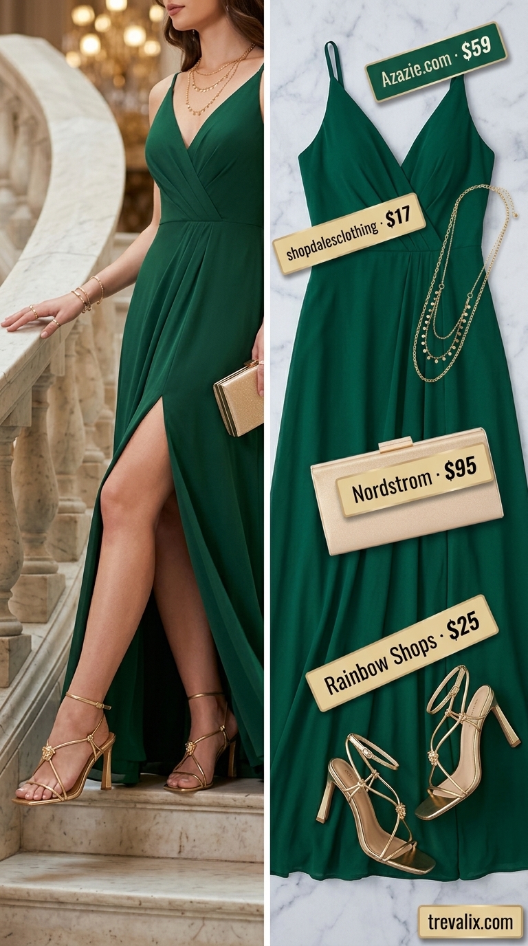 Emerald Oasis Summer Outfits 2026 Hot weather summer outfits for women 2026: Emerald Oasis Evening green maxi dress, gold sandals, metallic clutch.