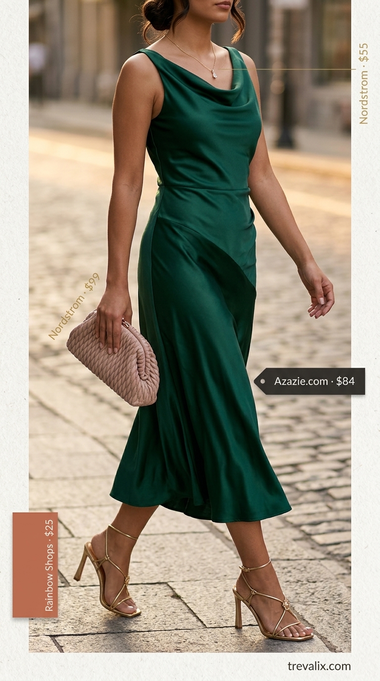 Emerald Slip Dress: Hot Weather Summer Outfits for Women 2026 Emerald green slip dress for hot weather summer outfits for women 2026. Satin midi dress, gold heels, clutch.