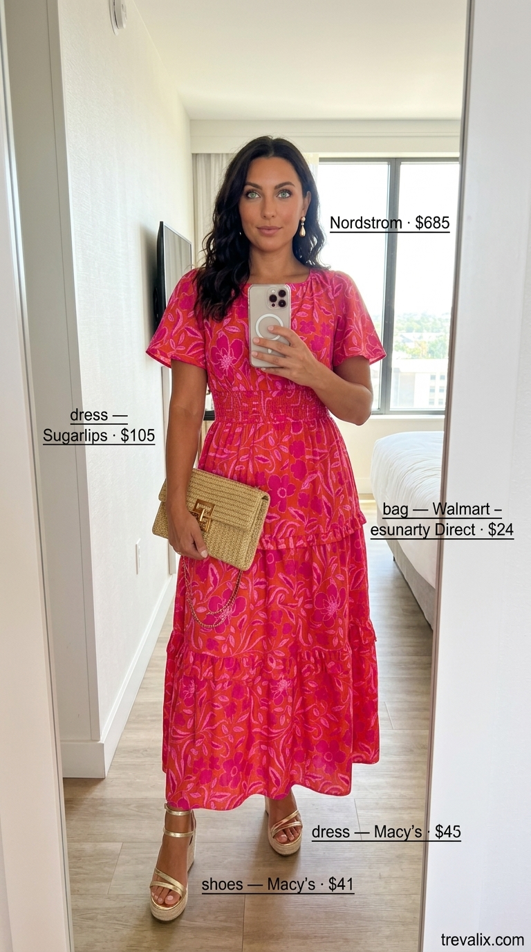 Garden Gala: Hot Weather Summer Outfits for Women 2026 Hot weather summer outfits for women 2026: Fuschia floral maxi dress, straw clutch, espadrille wedges for garden party.