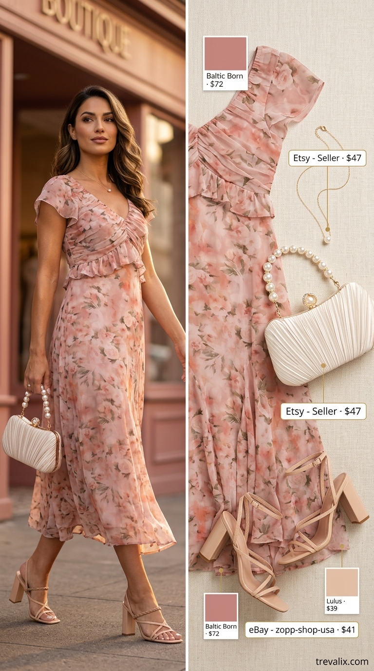 Garden Party Chic: Hot Weather Summer Outfits for Women 2026 Hot weather summer outfits for women 2026: Pale pink floral midi dress, cream pearl clutch, gold earrings for garden party.