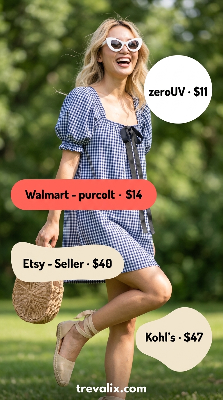 Gingham Picnic Dress: Hot Weather Summer Outfits for Women 2026 Gingham picnic dress outfit for hot weather summer outfits for women 2026. Blue gingham mini dress, espadrilles, straw bag.