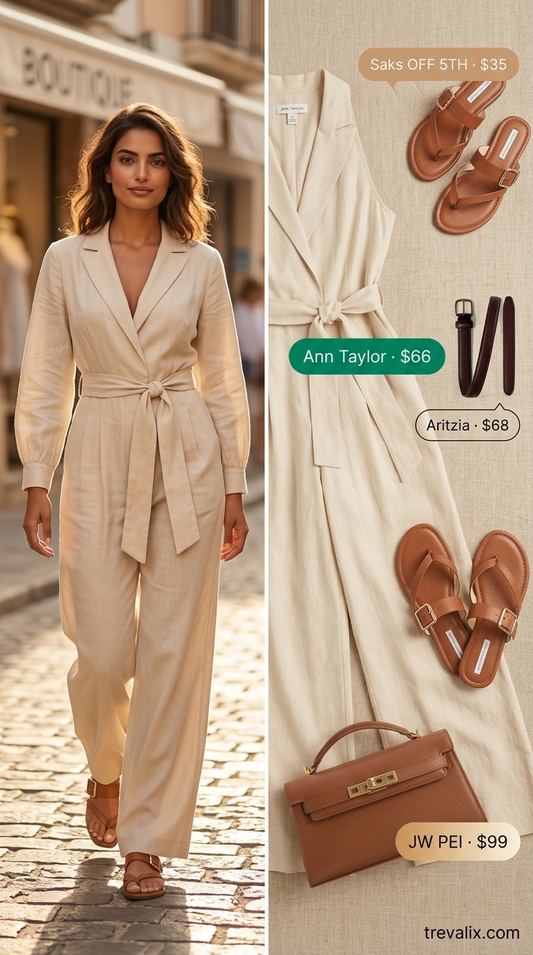 Office Casual Chic: Hot Weather Summer Outfits for Women 2026 Hot weather summer outfits for women 2026: Cream linen jumpsuit, brown slides, top-handle bag for office casual.