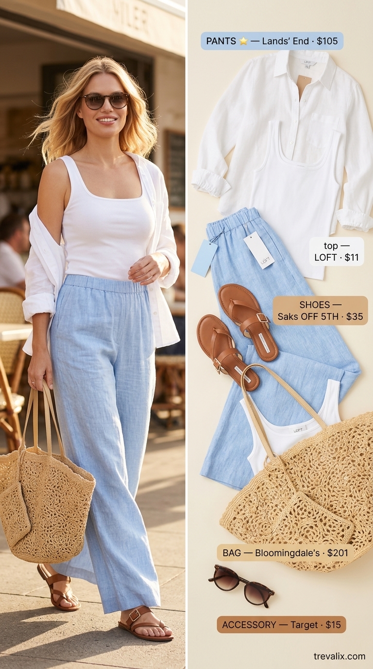 Beach Lunch Style: Hot Weather Summer Outfits for Women 2026 Hot weather summer outfits for women 2026: Sky blue linen pants, white tank, straw tote for beach lunch.