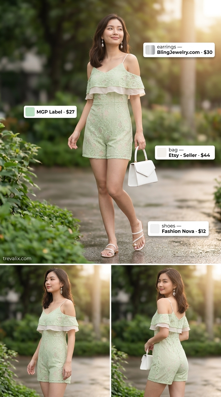 Pastel Picnic Summer Outfits 2026 Hot weather summer outfits for women 2026: Pastel Picnic Play mint green eyelet romper, white sandals & pearl earrings.