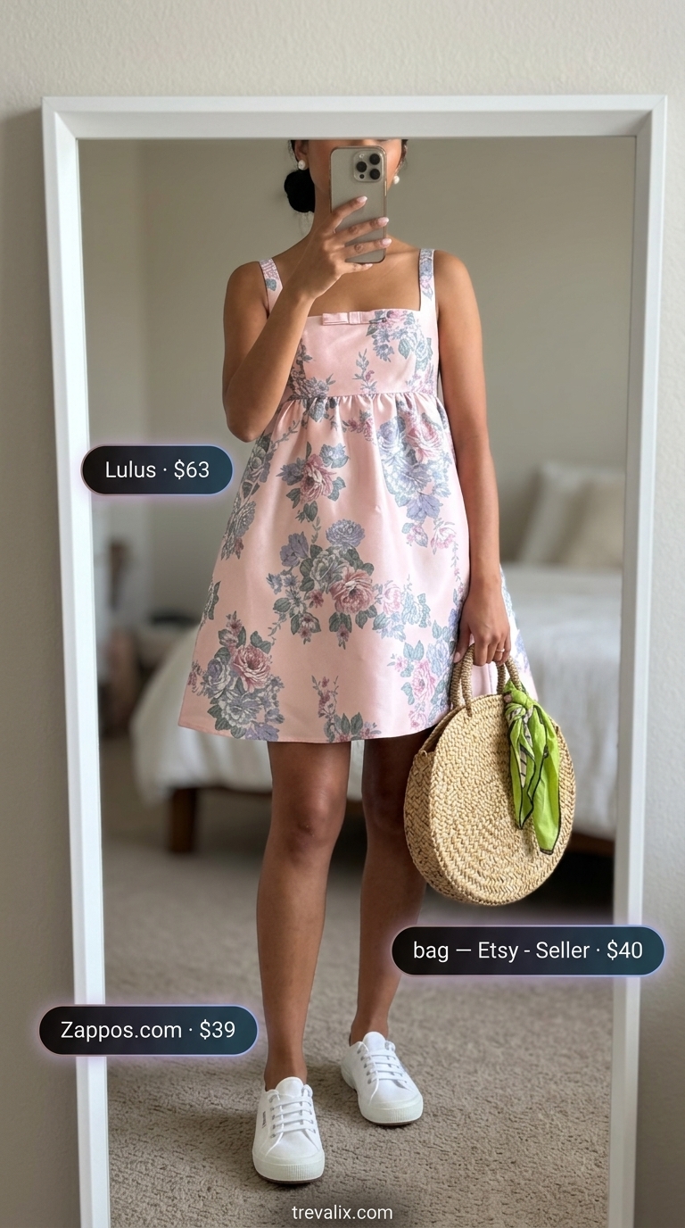 Picnic Perfect: Hot Weather Summer Outfits for Women 2026 Hot weather summer outfits for women 2026: Pastel pink floral sundress, white sneakers, straw tote for picnic.