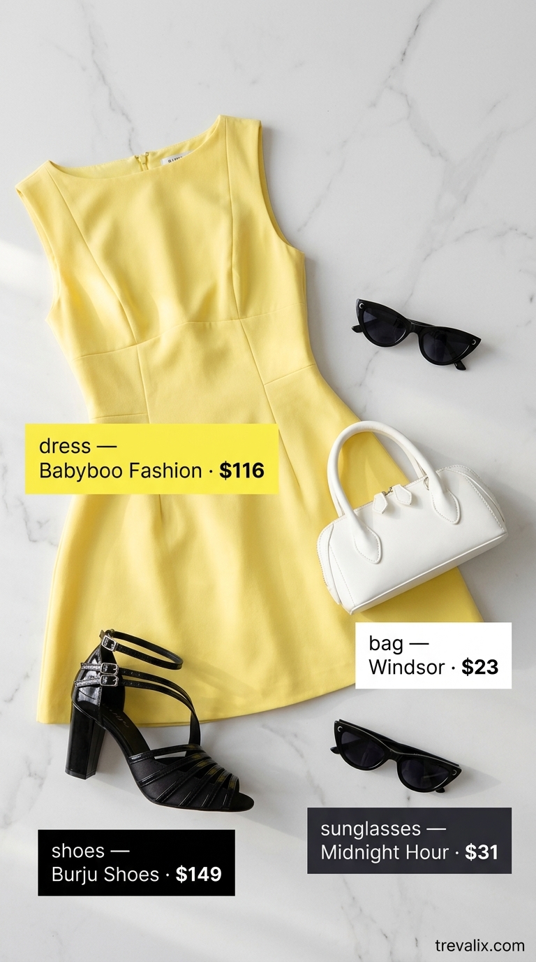 Retro Lemon Drop Summer Outfits 2026 Hot weather summer outfits for women 2026: Retro Lemon Drop dress, black mules, white bag & sunglasses for date.