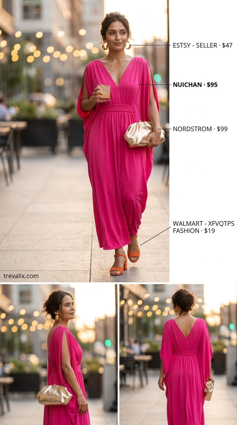 Tropical Sunset Summer Outfits 2026 Hot weather summer outfits for women 2026: Tropical Sunset Soiree fuchsia caftan, orange sandals, gold earrings.