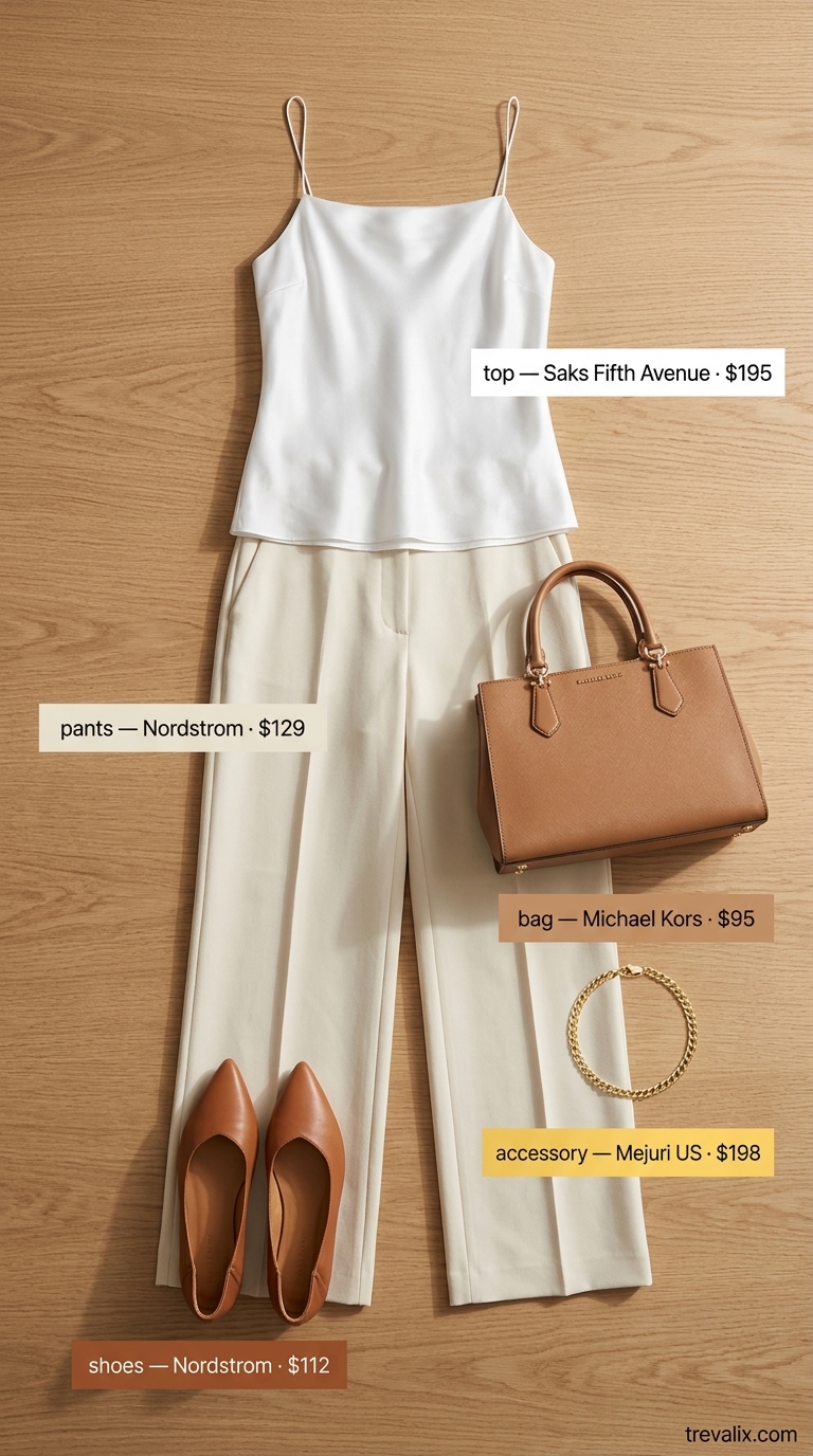 Understated Elegance Summer Outfits 2026 Hot weather summer outfits for women 2026: Understated Elegance beige linen pants, white camisole, tan mules.