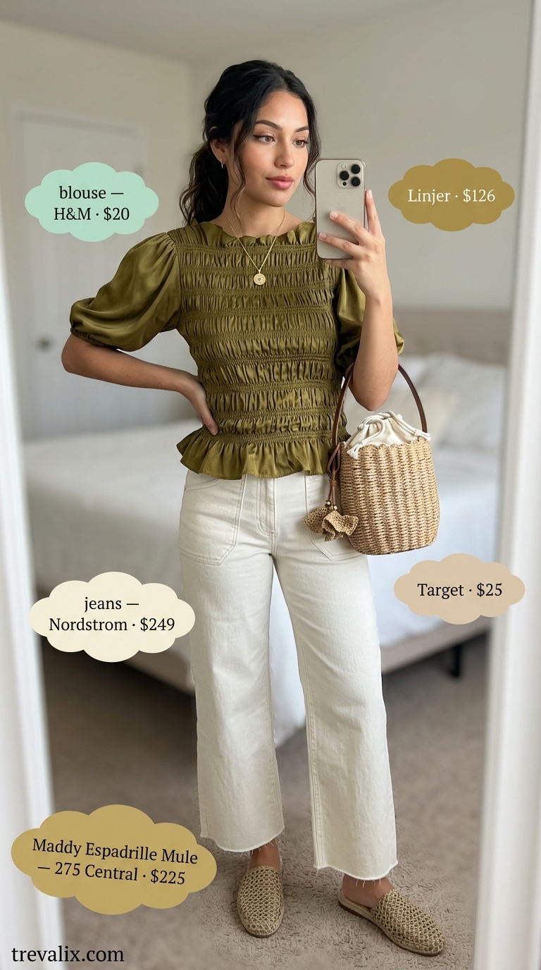 Weekend Ready: Hot Weather Summer Outfits for Women 2026 Hot weather summer outfits for women 2026: Olive green puff sleeve blouse, cropped wide-leg jeans, jute espadrilles for weekend.