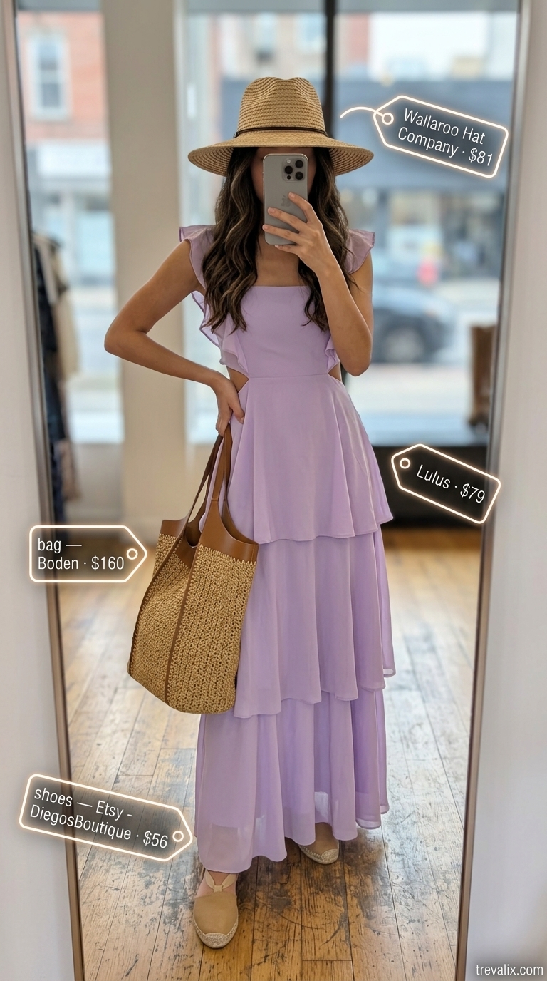 LA Summer Outfits 2026: Beach Maxi Dress LA summer outfits for women 2026: Lavender maxi dress, straw hat, and espadrille sandals for a beach day.