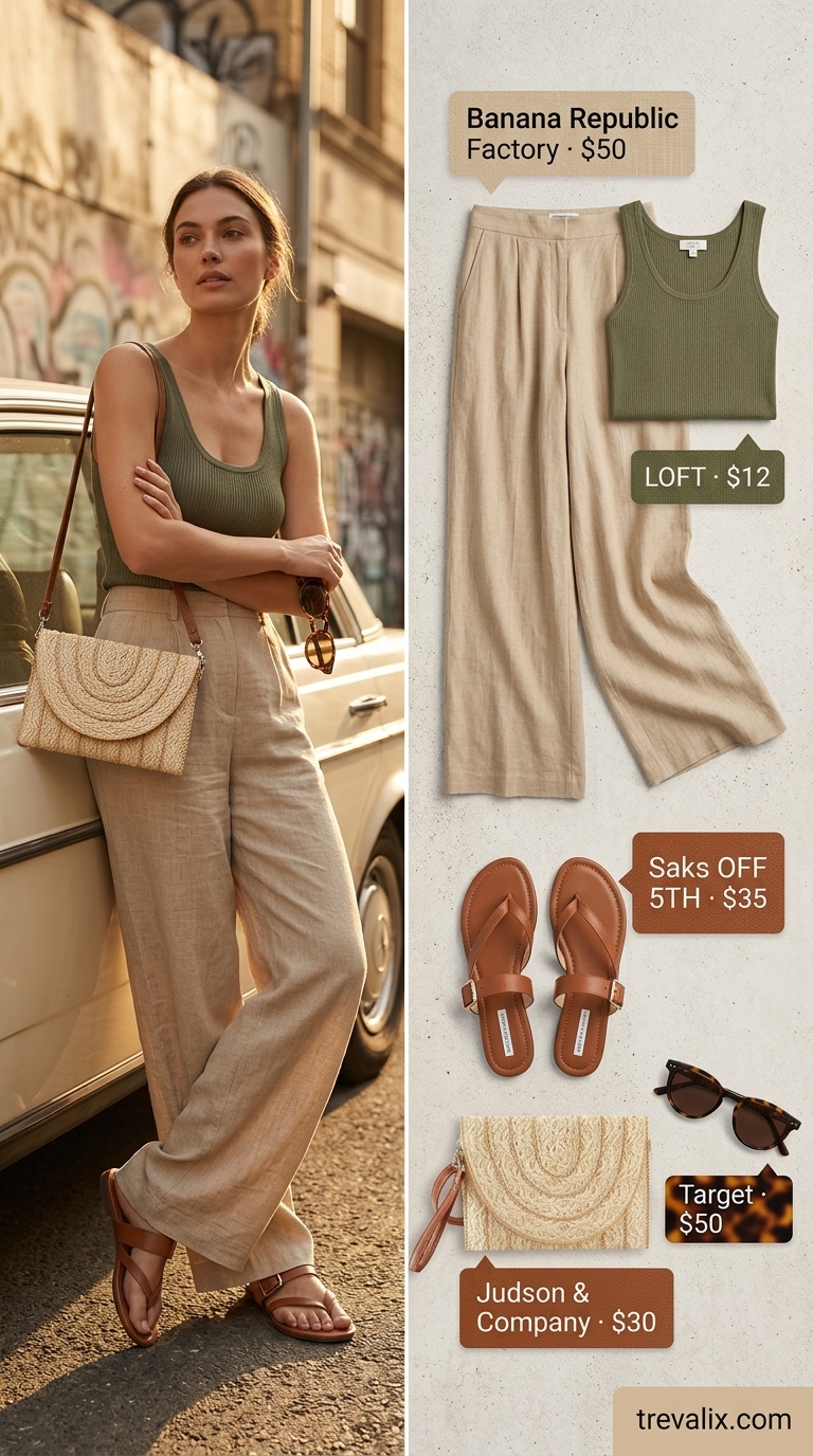 LA Summer Outfits 2026: Brunch Pants LA summer outfits for women 2026: Cream wide-leg pants, olive tank, and straw bag for brunch.