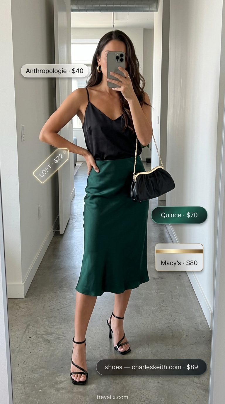 LA Summer Outfits 2026: Cocktail Glam LA summer outfits for women 2026: Emerald green slip skirt, black camisole, and strappy heels for cocktails.