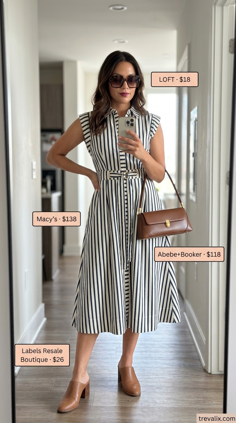 LA Summer Outfits 2026: Gallery Chic LA summer outfits for women 2026: Navy stripe midi shirt dress, tan mules, and structured shoulder bag for an art gallery.