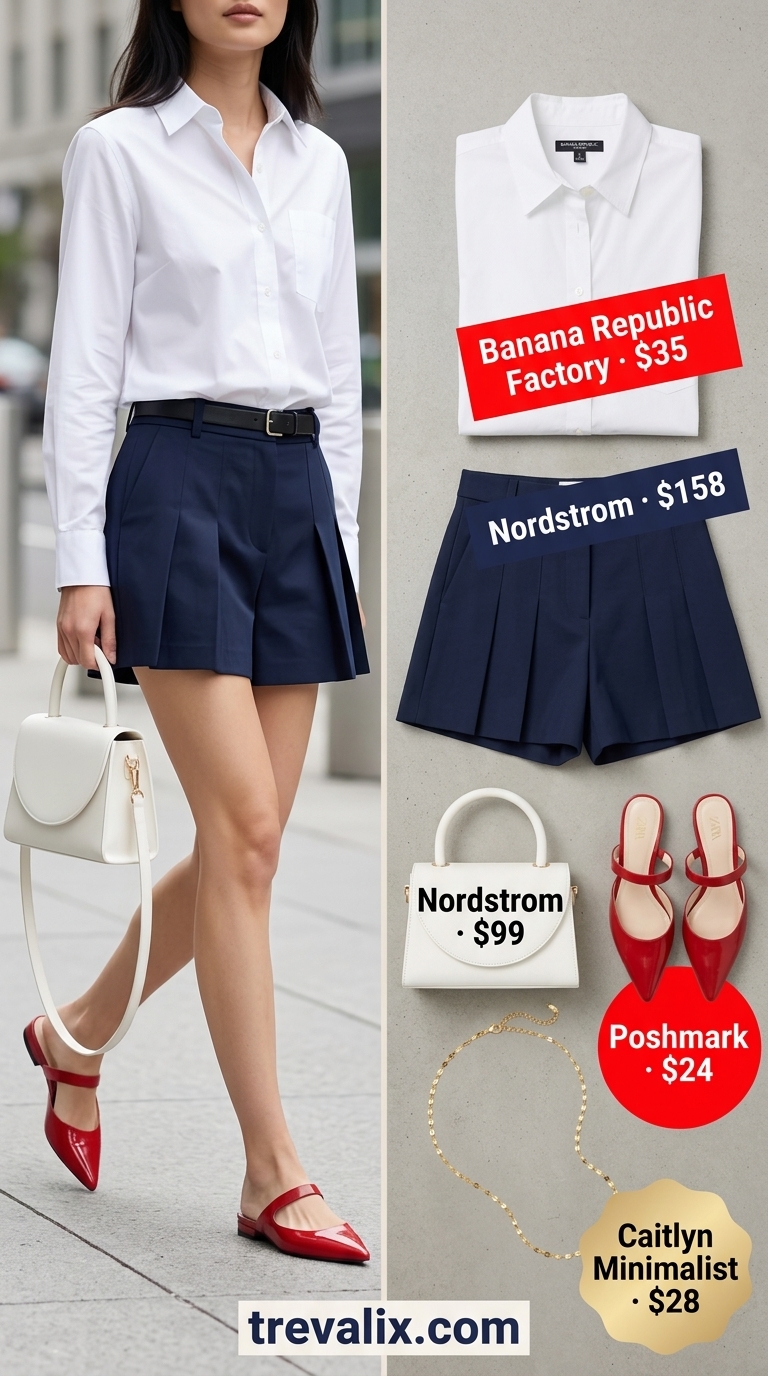 LA Summer Outfits 2026: Smart Casual Shorts LA summer outfits for women 2026: Navy shorts, white button-down, and red mules for a smart casual event.