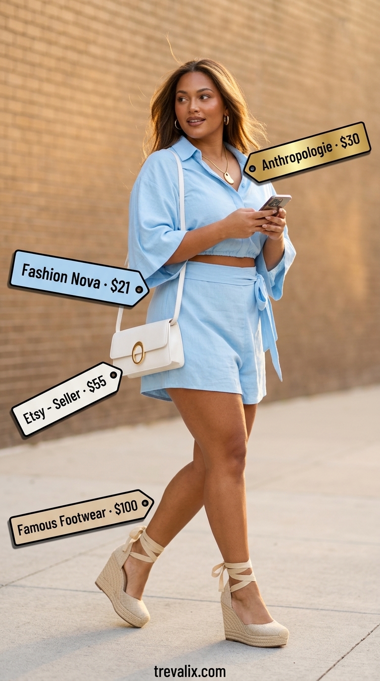 LA Summer Outfits 2026: Sweet Romper LA summer outfits for women 2026: Sky blue romper, white crossbody bag, and espadrille wedges for a daytime outing.