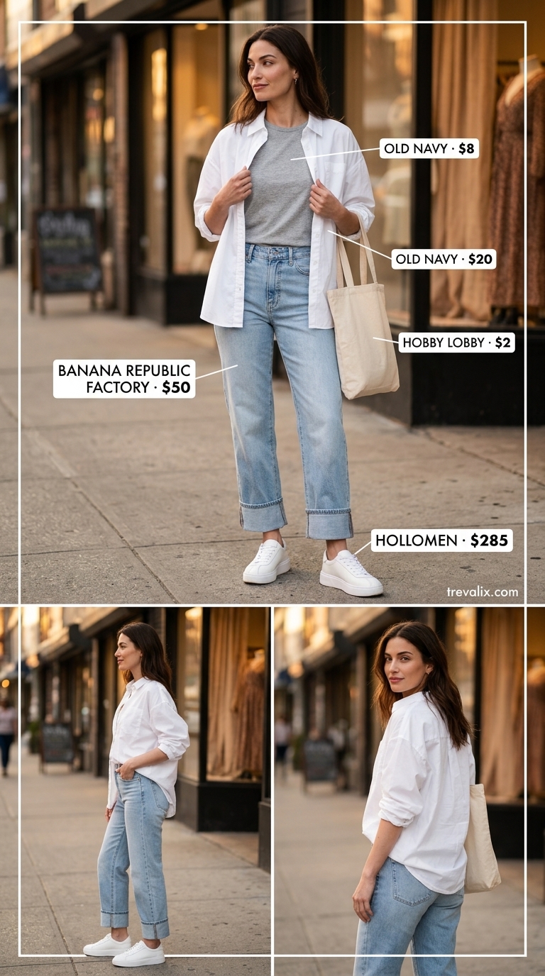 LA Summer Outfits for Women 2026: Casual Cool LA summer outfits for women 2026: Grey tee, light wash jeans, white button-down, canvas tote, and sneakers for a casual look.