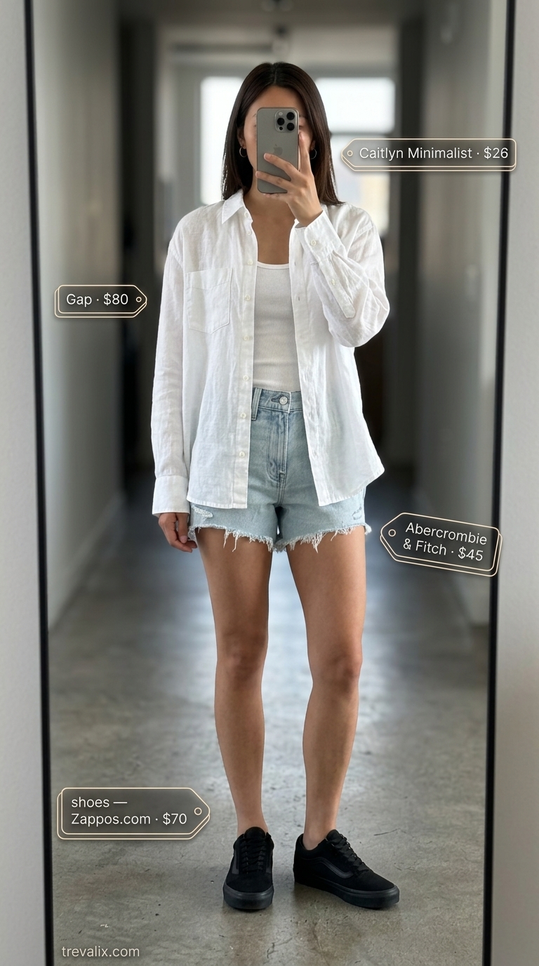 LA Summer Outfits 2026: Denim Shorts City Style LA summer outfits for women 2026: Denim shorts, white linen shirt, black belt bag & sneakers for city exploration.