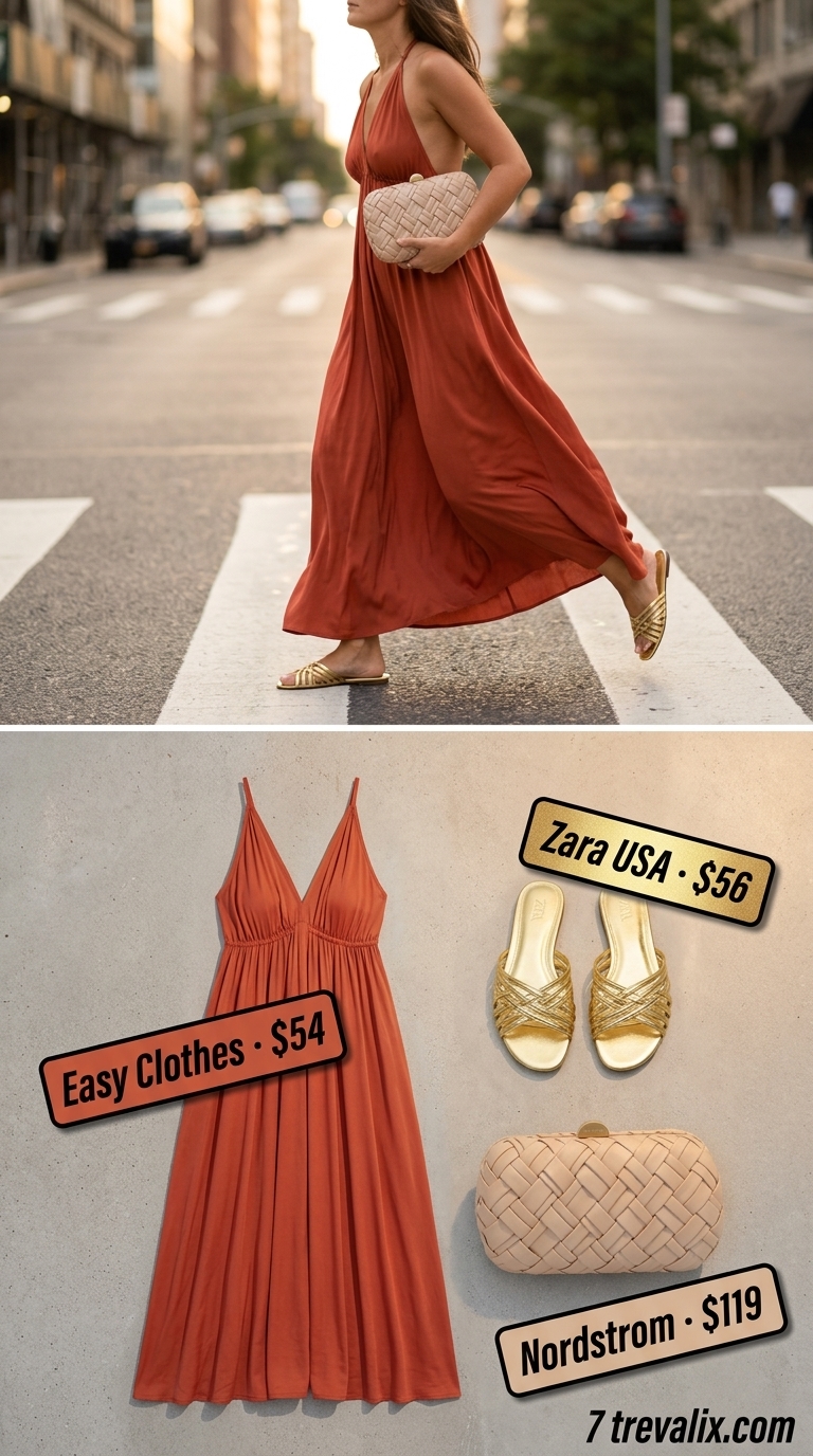 LA Summer Outfits for Women 2026: Desert Sunset LA summer outfits for women 2026: Terracotta maxi dress, metallic gold sandals, woven clutch, and gold bangles for desert sunset.