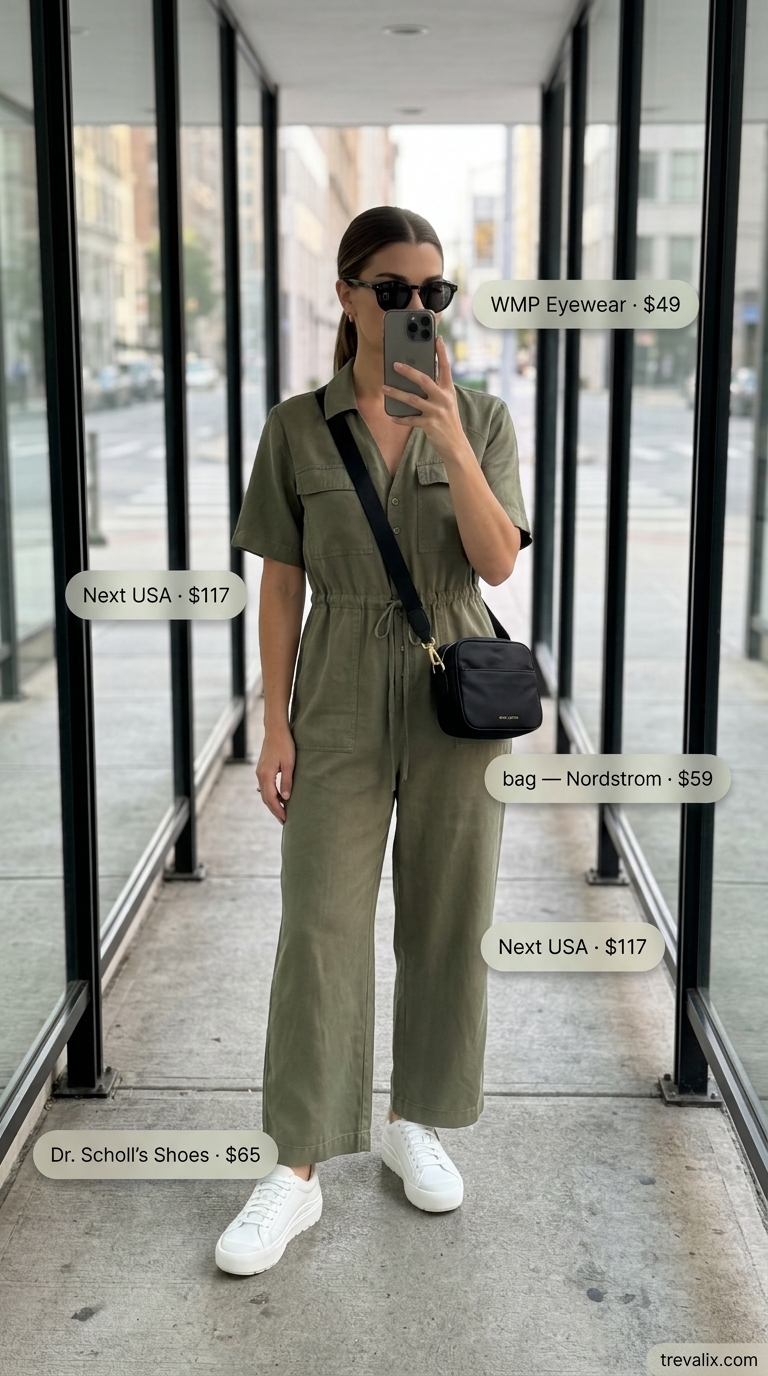 LA Summer Outfits 2026: Coffee Run Jumpsuit Style LA summer outfits for women 2026: Khaki utility jumpsuit, white sneakers, black belt & sunglasses for a coffee date.