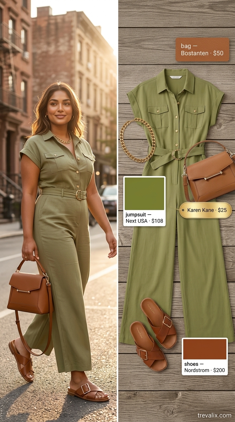 LA Summer Outfits 2026: Khaki Jumpsuit Studio Style LA summer outfits for women 2026: Khaki utility jumpsuit, chunky sandals, aviator sunglasses & chain necklace.