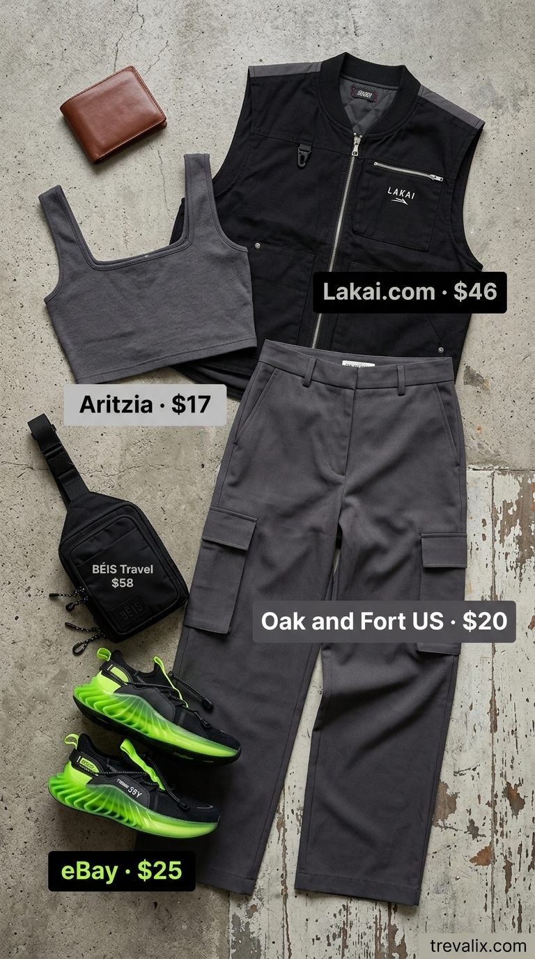 LA Summer Outfits for Women 2026: Edgy Night Market LA summer outfits for women 2026: Charcoal cargo pants, black crop top, utility vest, and neon sneakers for Koreatown.
