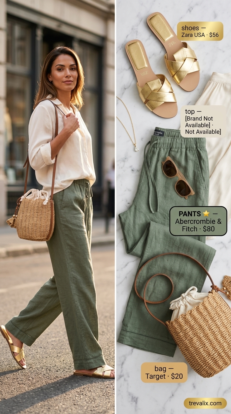 LA Summer Outfits 2026: Linen Pants Brunch Style LA summer outfits for women 2026: Olive green linen pants, cream tank, woven bag & strappy sandals.