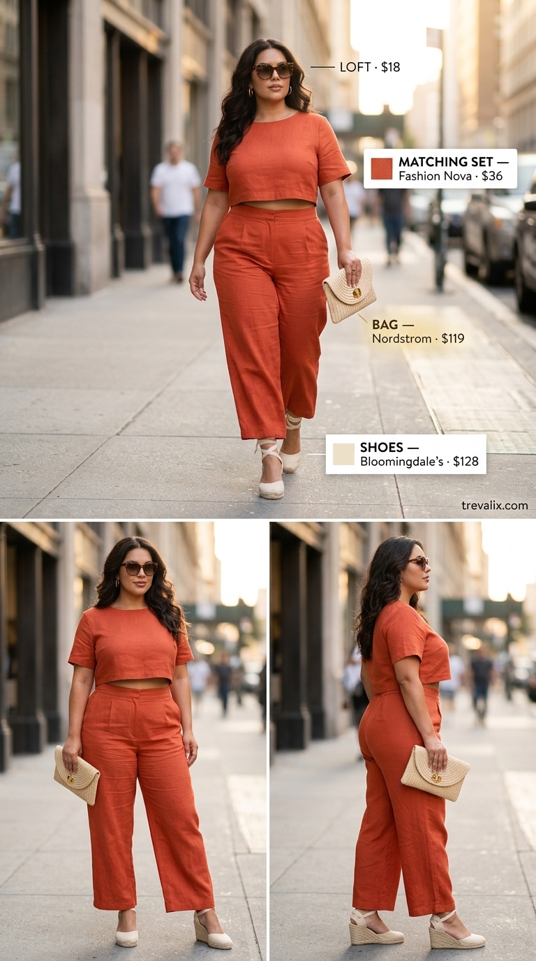 LA Summer Outfits for Women 2026: Malibu Dinner LA summer outfits for women 2026: Terracotta linen set, cream espadrilles, woven clutch, and gold bangles for coastal dinner.