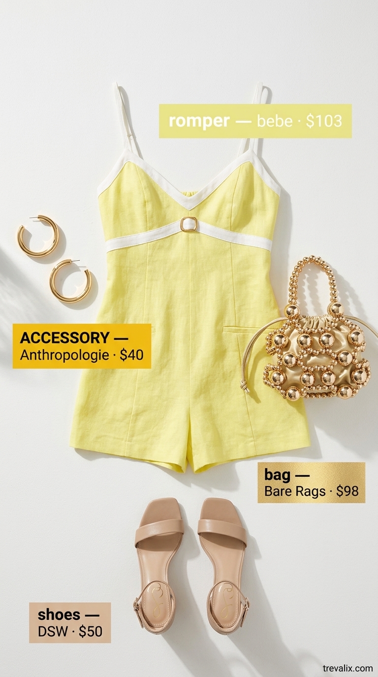 LA Summer Outfits for Women 2026: Glam Pool Party LA summer outfits for women 2026: Bright orange romper, nude sandals, gold accessories, and mini bag for a pool party.