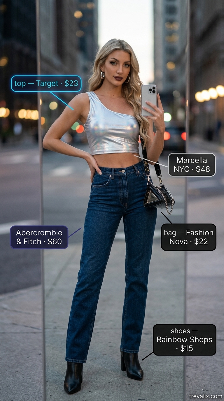 LA Summer Outfits 2026: Edgy Silver Top Night Out LA summer outfits for women 2026: Metallic silver crop top, dark wash jeans, black boots & silver hoops.