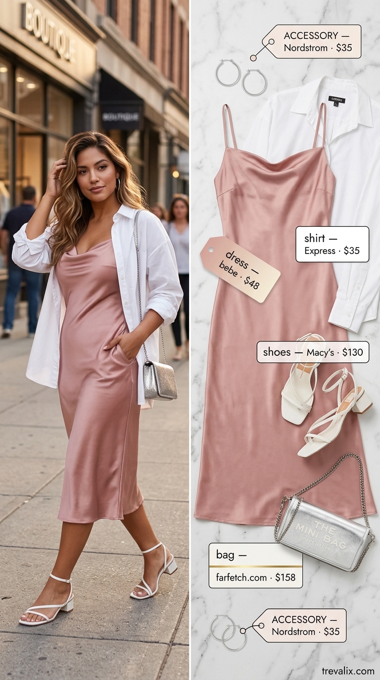 LA Summer Outfits 2026: Elegant Slip Dress Soirée LA summer outfits for women 2026: Blush pink satin slip dress, white oversized shirt, silver hoops & sandals.