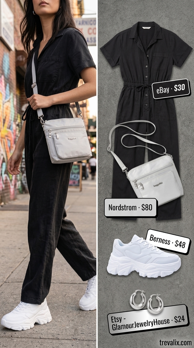 LA Summer Outfits for Women 2026: Edgy Urban LA summer outfits for women 2026: Washed black utility jumpsuit, white sneakers, silver bag, and hoop earrings for urban exploration.