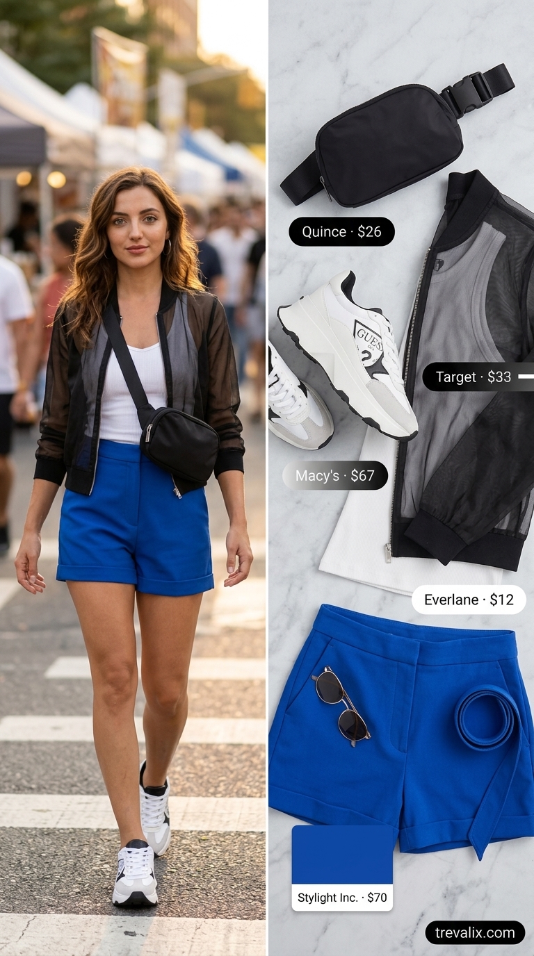 LA Summer Outfits for Women 2026: Boardwalk Vibes LA summer outfits for women 2026: Cobalt blue shorts, white tank, mesh bomber, platform sneakers, and belt bag for Venice Beach.