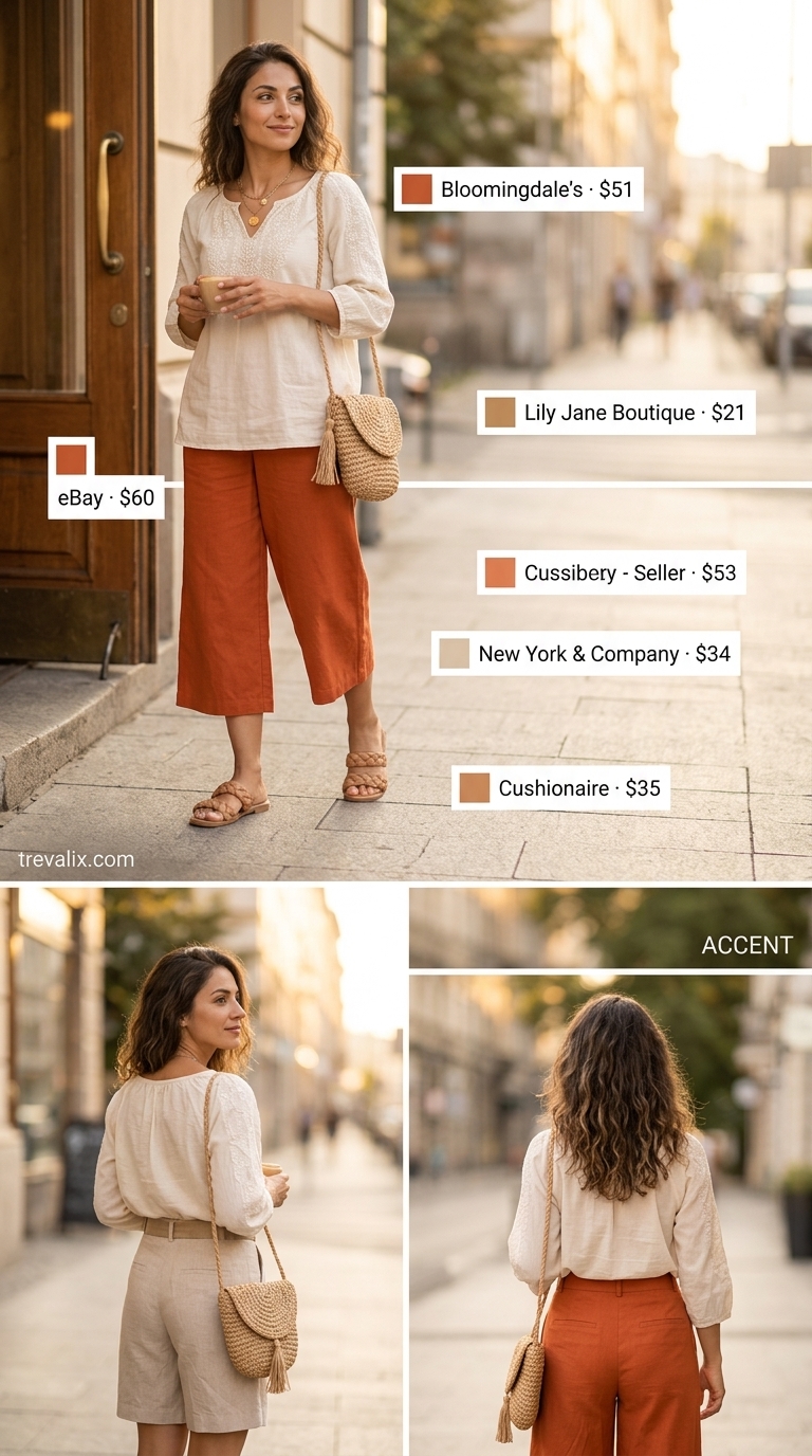 Modest Summer Outfits 2026: Boho Culottes Layered modest summer outfits for women 2026: Terracotta culottes with white tank, black vest, and straw bag.