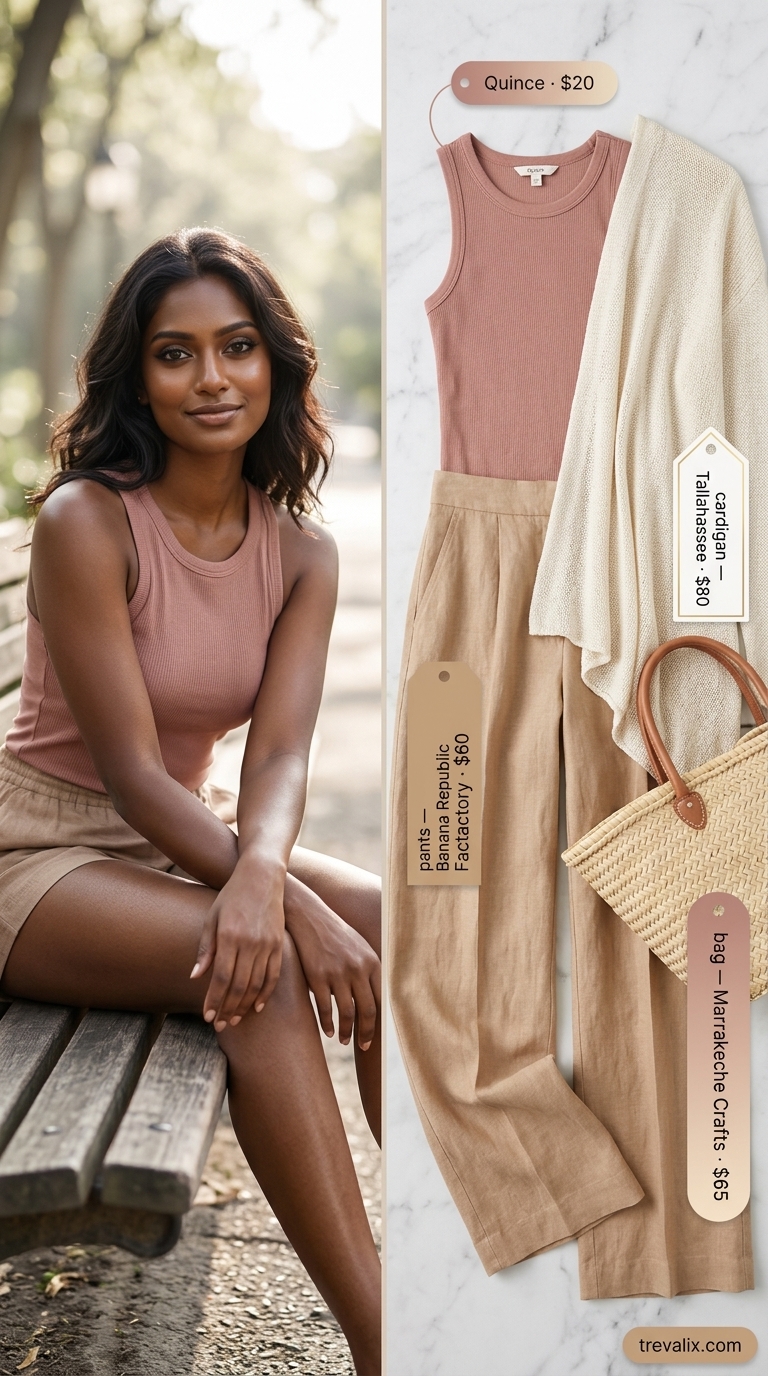 Modest Summer Outfits 2026: Coastal Linen Layered modest summer outfits for women 2026: Olive green cardigan over cream tank, with linen pants and espadrilles.