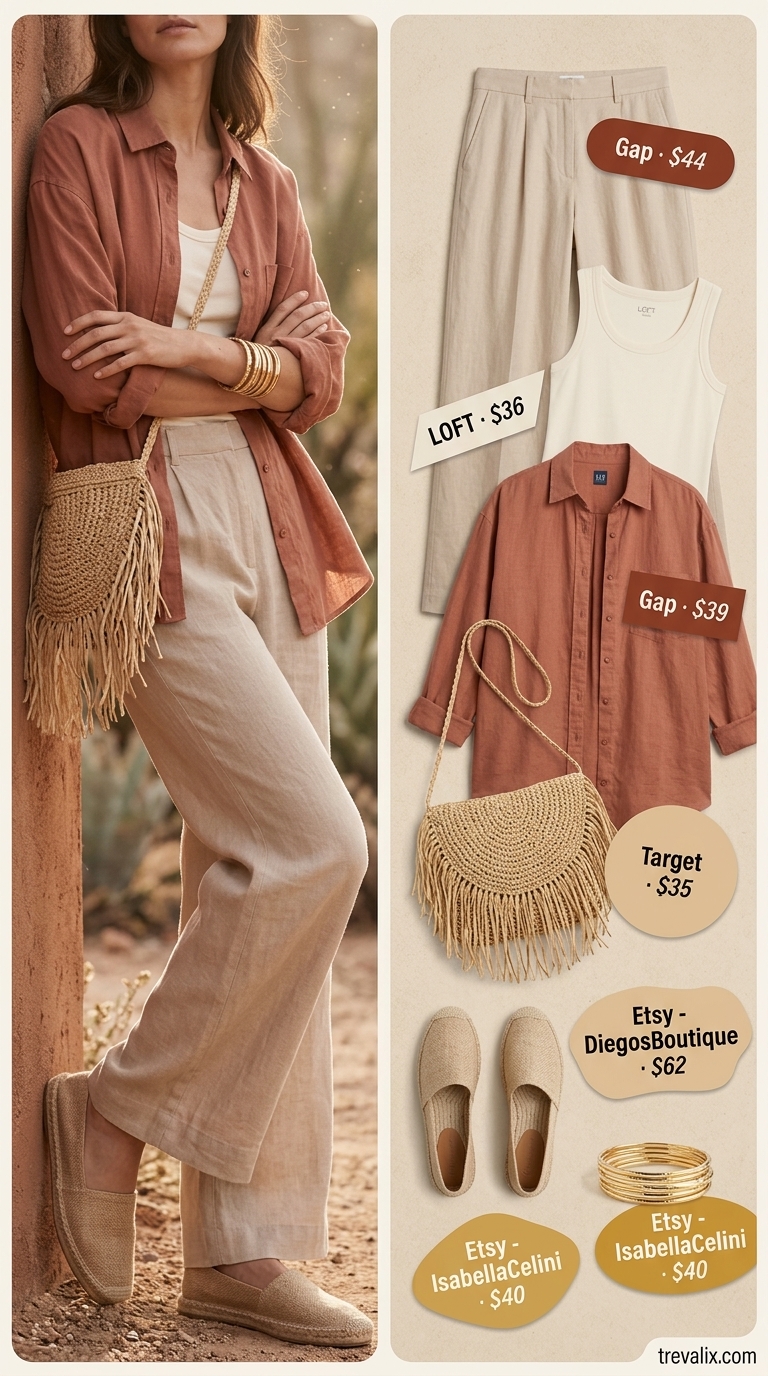 Layered Modest Summer Outfits 2026: Desert Bloom Bohemian modest summer outfit 2026: Terracotta wide-leg pants, cream tank, sand shirt layer. Great for casual daytime or travel.