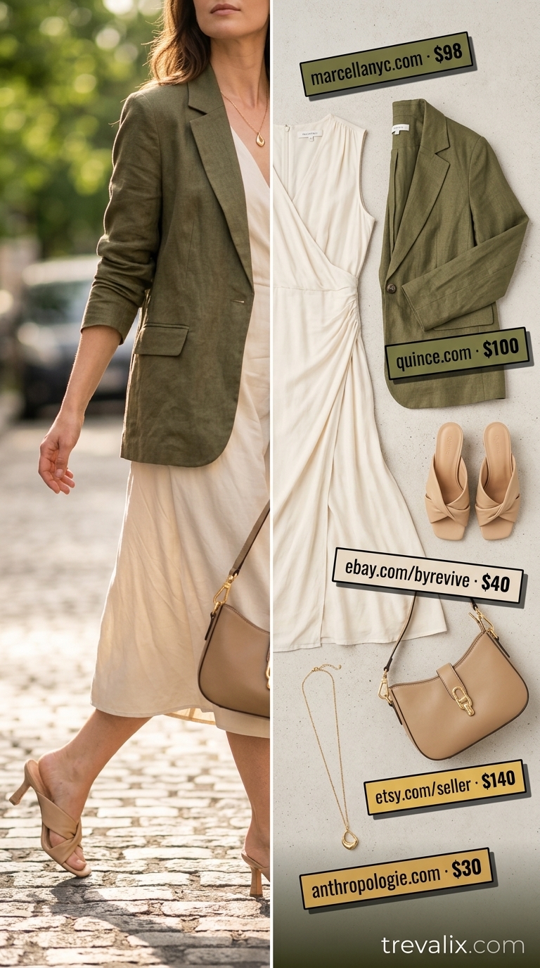 Layered Modest Summer Outfits 2026: Garden Brunch Polished modest summer outfit 2026: Olive green midi dress, ecru linen blazer. Suitable for brunch or casual office.