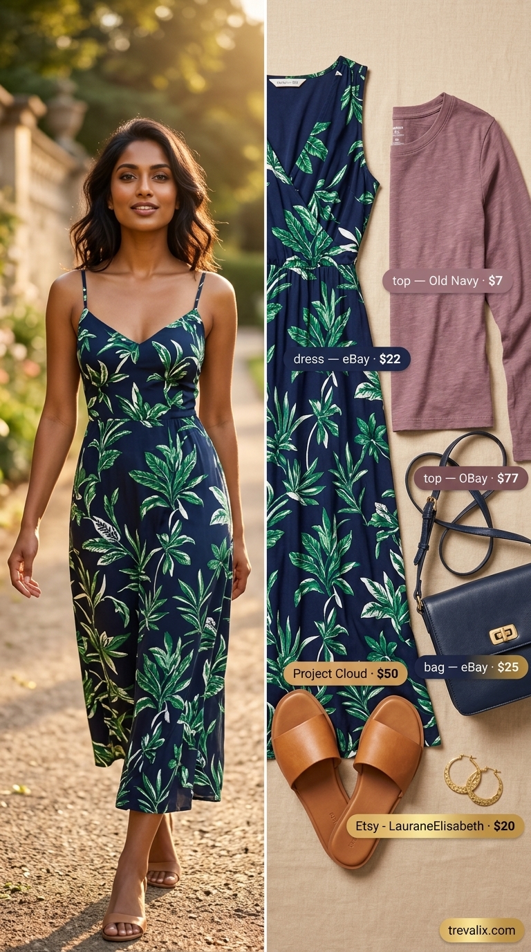 Layered Modest Summer Outfits 2026: Garden Chic Elegant modest summer outfit 2026: Botanical print maxi dress, white top layer. Ideal for garden parties or daytime events.