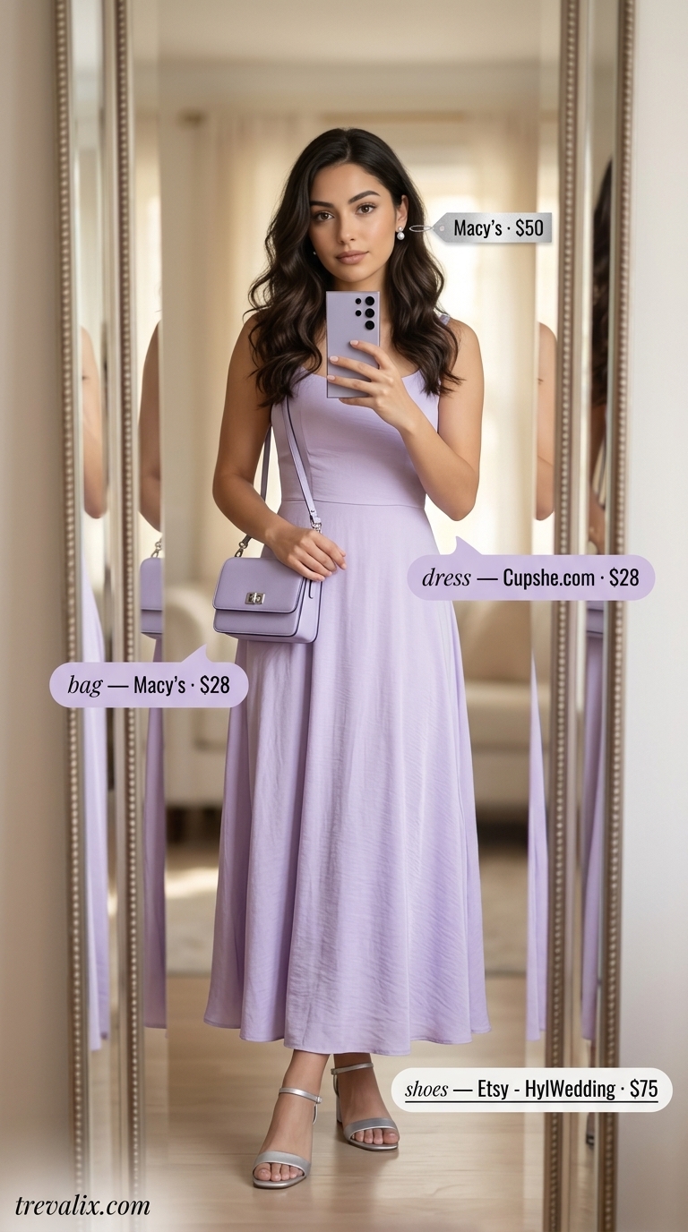 Modest Summer Outfits 2026: Garden Party Dress Layered modest summer outfits for women 2026: Lavender A-line dress with silver sandals and pearl earrings.