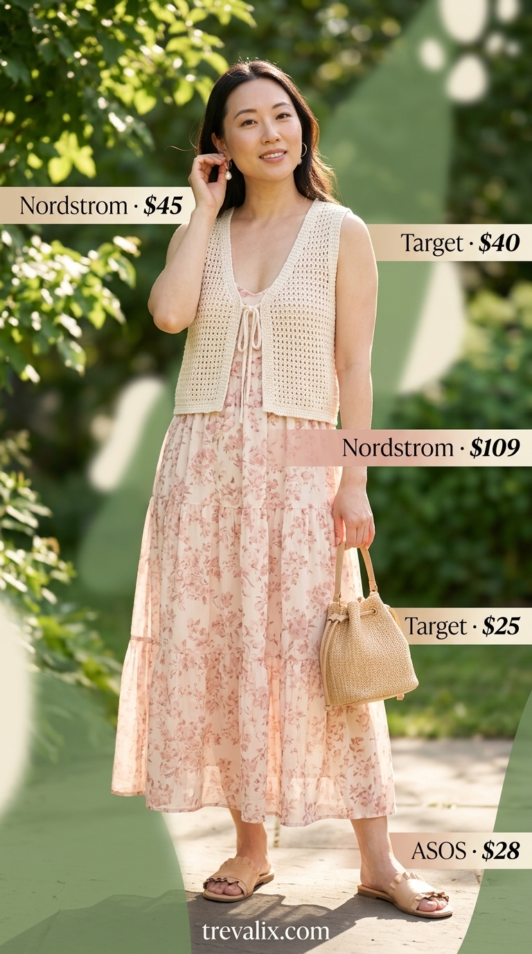 Layered Modest Summer Outfits 2026: Garden Party Romantic modest summer outfit 2026: Floral maxi dress, crochet vest. Perfect for garden parties or outdoor events.