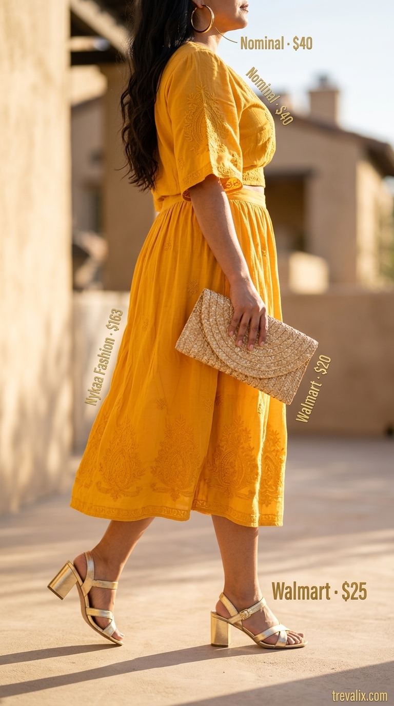 Layered Modest Summer Outfits 2026: Golden Hour Glam Bold modest summer outfit 2026: Marigold yellow matching set with white sandals. Ideal for vacation dinners or special daytime events.