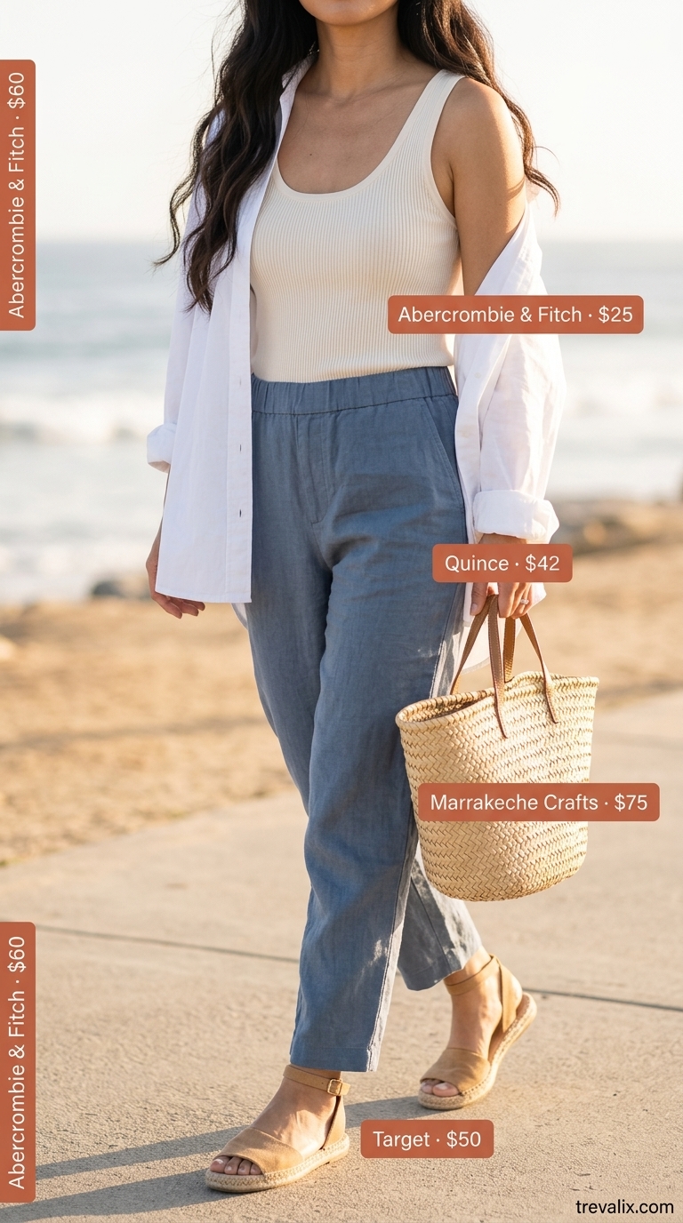 Modest Summer Outfits 2026: Linen Pants Style Layered modest summer outfits for women 2026: Sky blue linen pants with cream tank, white shirt, and straw tote.