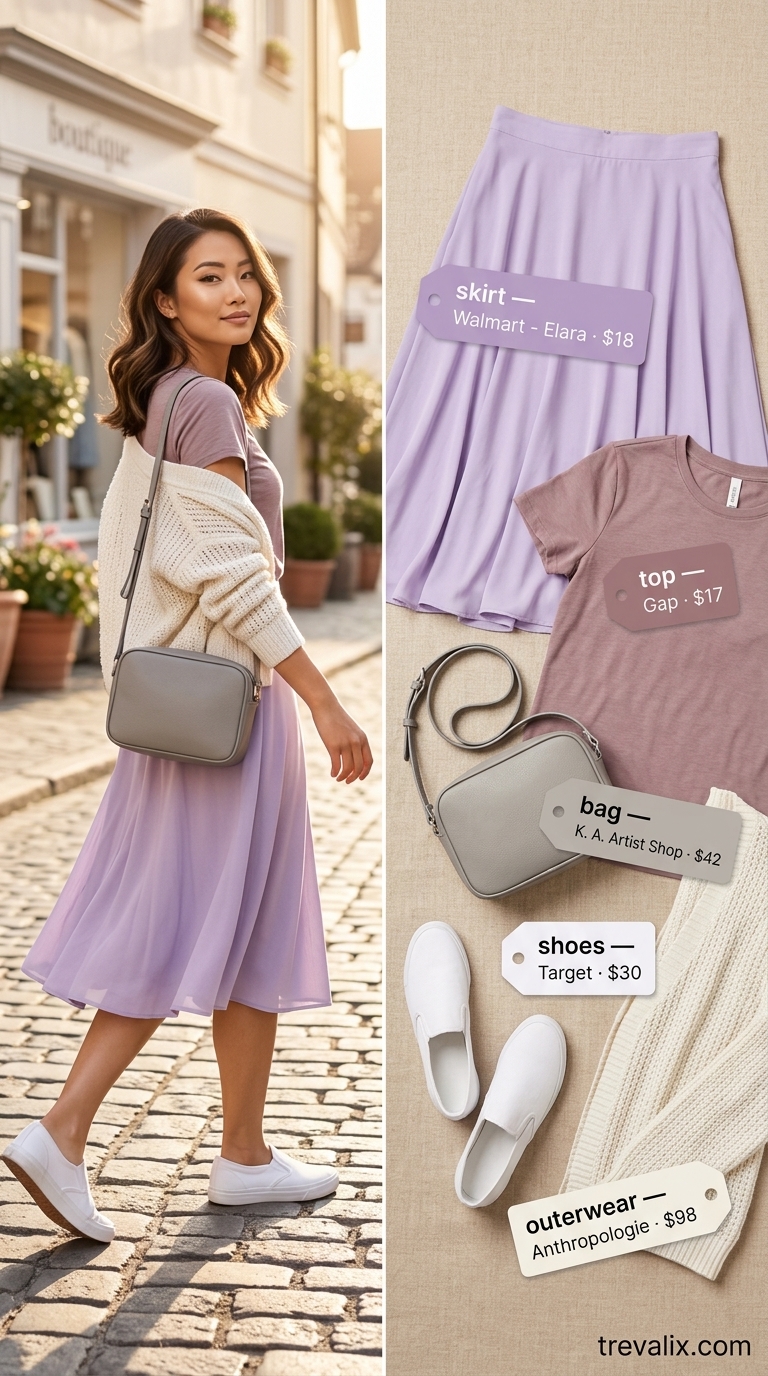 Modest Summer Outfits 2026: Midi Skirt Layers Layered modest summer outfits for women 2026: Lavender midi skirt with white tee, denim jacket, and cardigan.