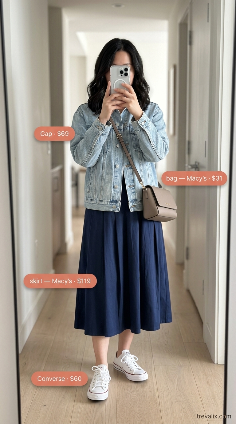 Modest Summer Outfits 2026: Navy Skirt Chic Layered modest summer outfits for women 2026: Navy pleated midi skirt with white tee, denim jacket, and crossbody bag.