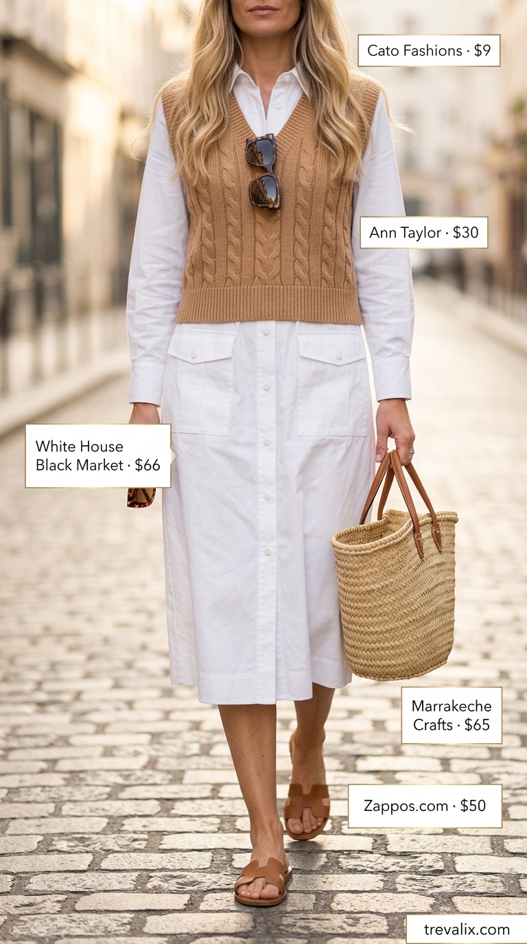 Layered Modest Summer Outfits 2026: Parisian Summer Minimalist modest summer outfit 2026: White shirtdress, beige sweater vest. Great for brunch or city exploration.