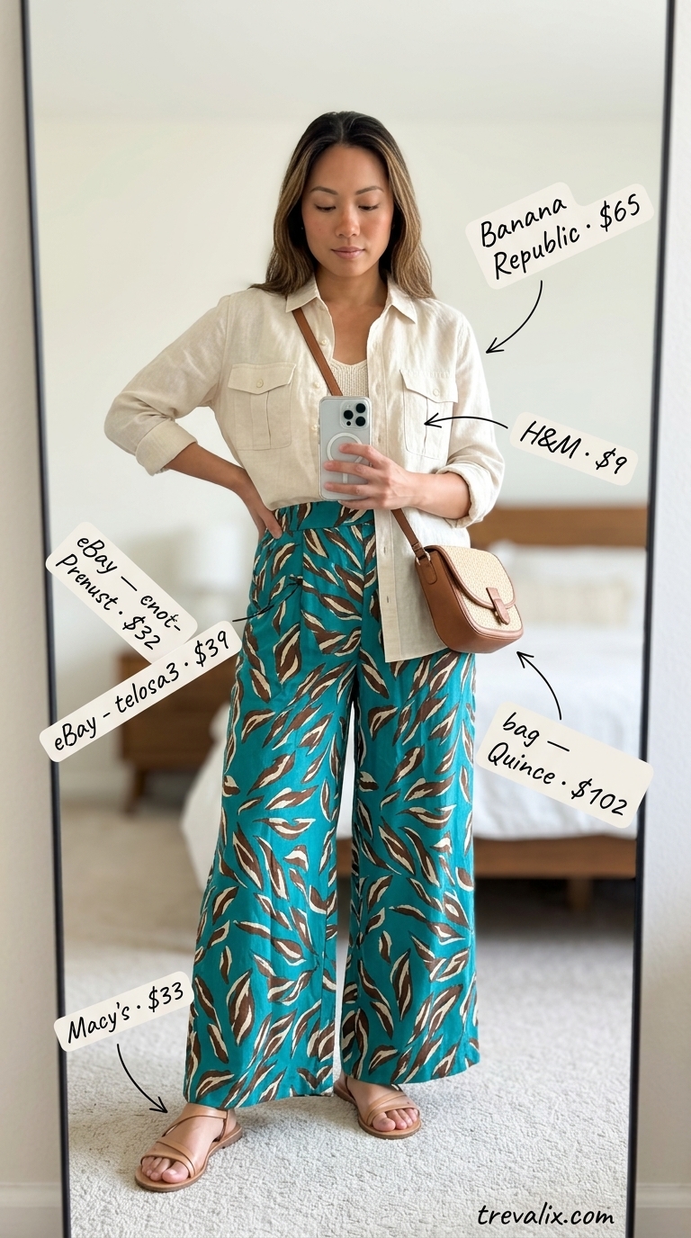 Modest Summer Outfits 2026: Palazzo Pants Layered modest summer outfits for women 2026: Teal printed palazzo pants with cream tank and linen shirt.