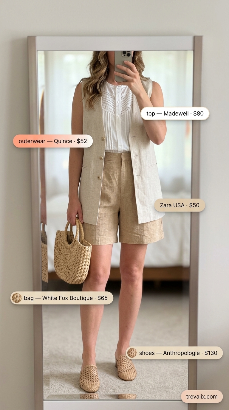 Layered Modest Summer Outfits 2026: Resort Shorts Modest summer outfit 2026: Coral linen shorts, white blouse, beige vest. Perfect for resort wear or garden parties.