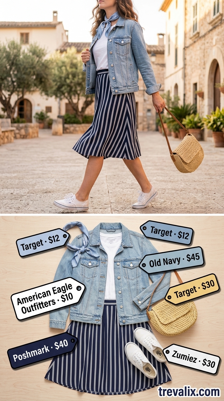 Layered Modest Summer Outfits 2026: Riviera Charm Preppy modest summer outfit 2026: Striped midi skirt, white tee, denim jacket. Ideal for weekend outings or casual lunch.