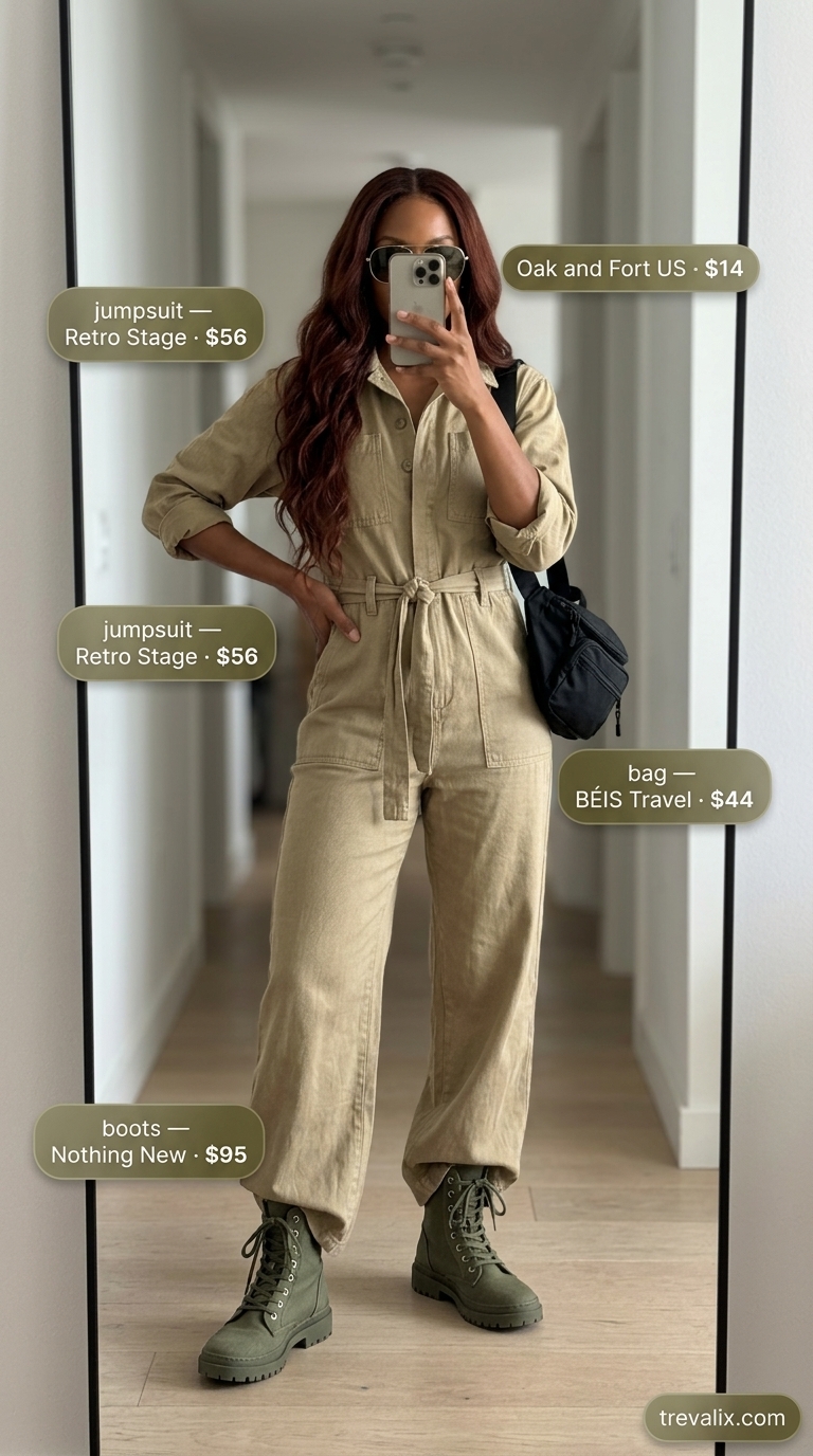 Layered Modest Summer Outfits 2026: Safari Jumpsuit Chic modest summer outfit 2026: Khaki utility jumpsuit with black belt bag. Great for travel or day trips.