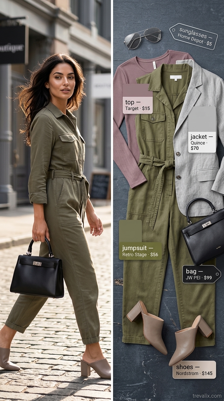 Modest Summer Outfits 2026: Utility Jumpsuit Layered modest summer outfits for women 2026: Olive green utility jumpsuit with white tee and black blazer.