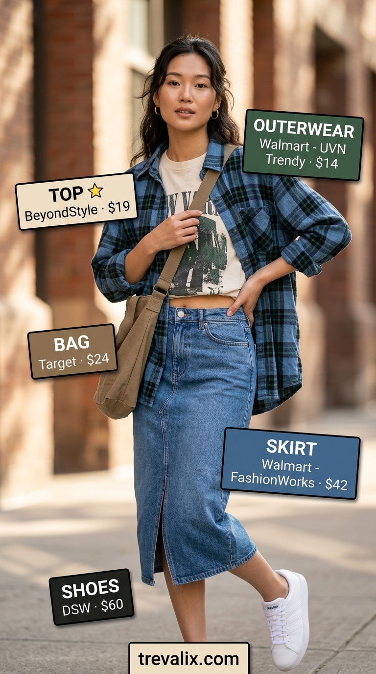 Modest Summer Outfits for Women 2026: Casual Layers Playful layered modest summer outfit with denim skirt, graphic tee & green plaid shirt 2026.